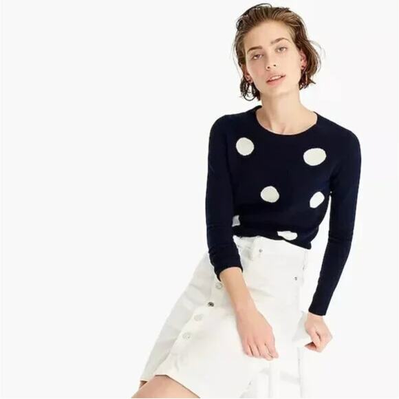 J. CREW Everyday Cashmere Crewneck Sweater Navy Blue Polka Dot White {3V22} - Picture 1 of 6